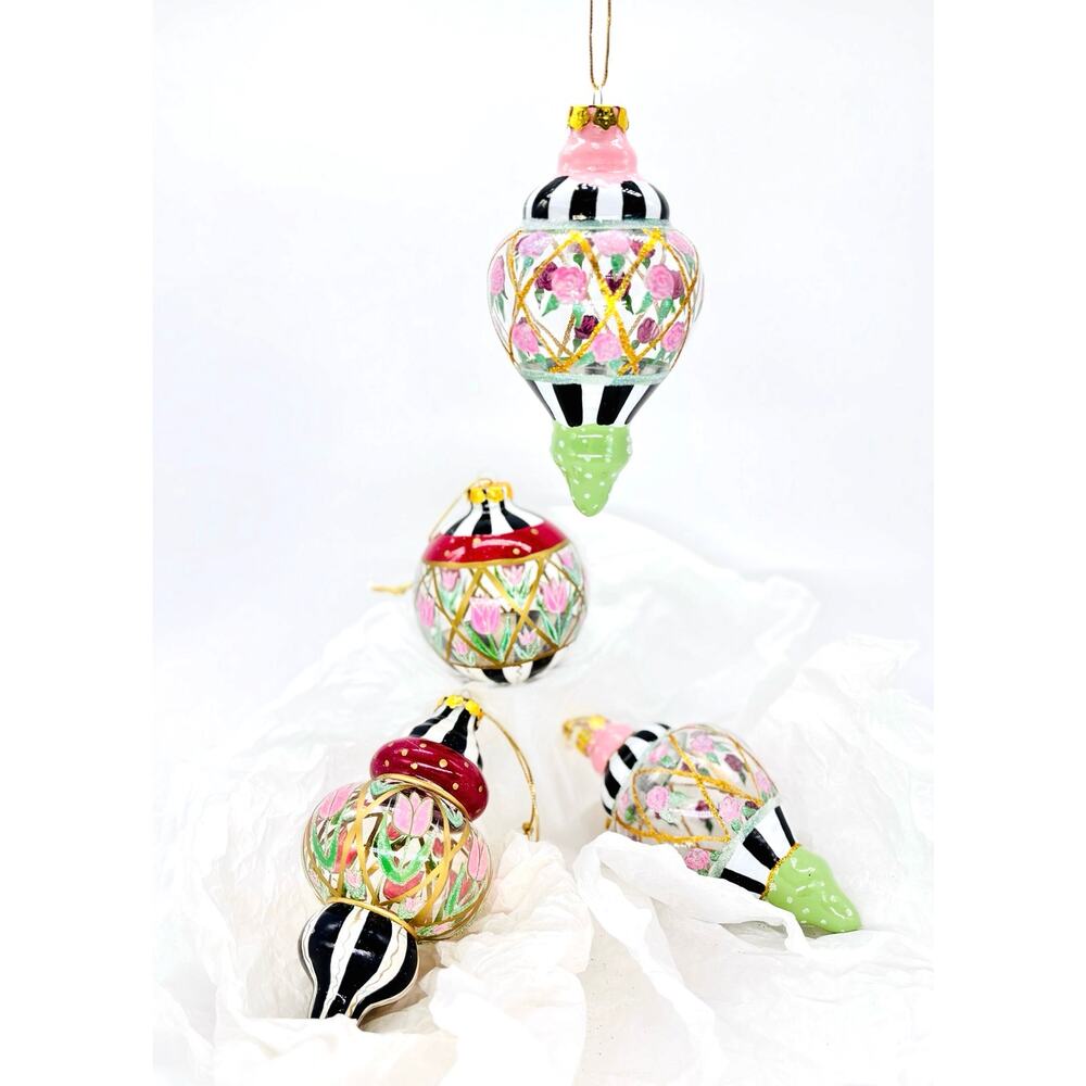 •SOLD• (4) Mackenzie-Childs-style Holiday Ornaments, “Vintage Circus Rose Arbor”